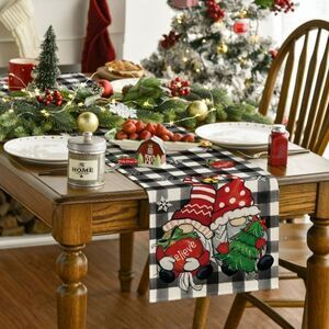 Charcoal Gray Buffalo Plaid Gnome Christmas Tree Table Runner 13x120
